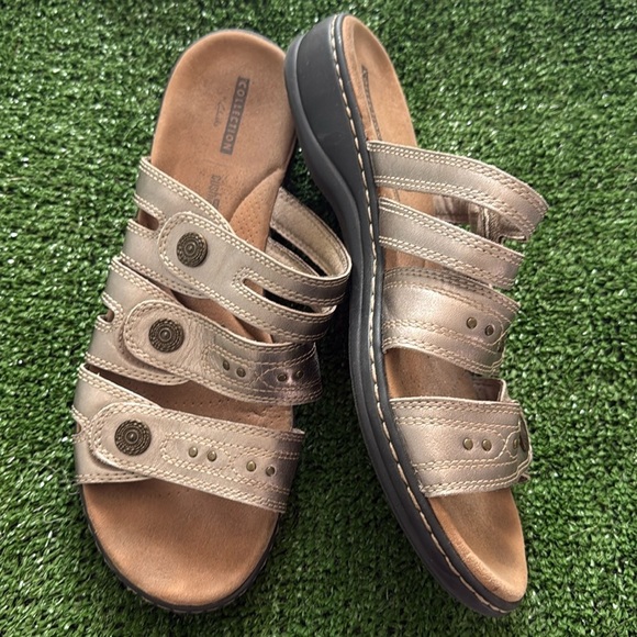 Like New Gold Metallic Clarks, Soft Cushion Sandals with Adjustable Straps - Picture 1 of 10